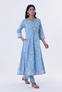 Blue & White Cotton Block Printed Kurta image 3