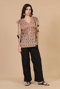 Set of 2: Baagh Printed Drawstring Top & Solid Black Cotton Pants image 1