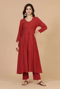 Set of 2: Maroon Rayon Hand Block Printed Flared Kurta & Solid Cotton Pants image 1