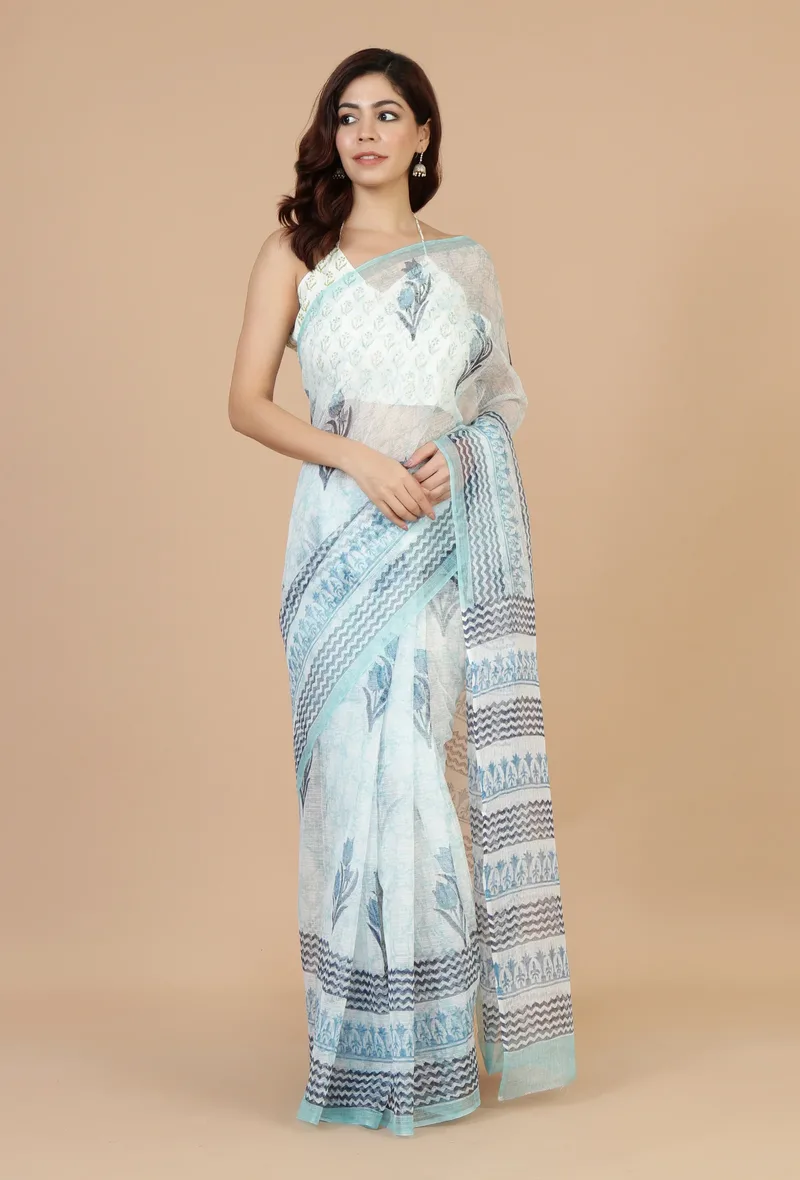 Icy Blue Handwoven Kota Doriya Saree with Floral Motifs & Striped Border and Unstitched Blouse