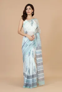 Icy Blue Handwoven Kota Doriya Saree with Floral Motifs & Striped Border and Unstitched Blouse image 1