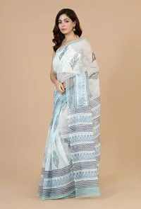 Icy Blue Handwoven Kota Doriya Saree with Floral Motifs & Striped Border and Unstitched Blouse image 2