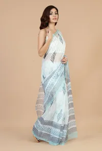 Icy Blue Handwoven Kota Doriya Saree with Floral Motifs & Striped Border and Unstitched Blouse image 3