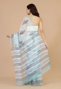 Icy Blue Handwoven Kota Doriya Saree with Floral Motifs & Striped Border and Unstitched Blouse image 4
