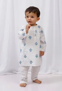 Set of 2: Blue Striped Cotton Kurta and White Pajama image 1