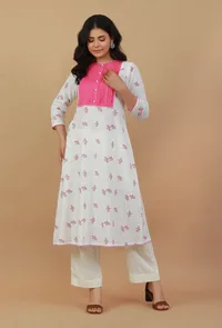 Set of 2: Stylish White & Pink Printed Kurta with Yoke Detail Paired with Cotton Pants image 1