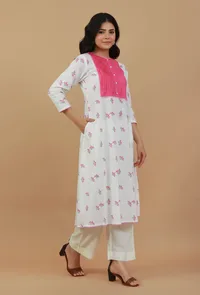 Set of 2: Stylish White & Pink Printed Kurta with Yoke Detail Paired with Cotton Pants image 2