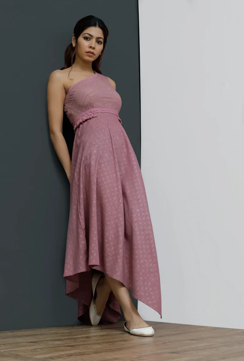 Onion Pink Hand-Block Printed One Shoulder Asymmetrical Dress