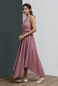 Onion Pink Hand-Block Printed One Shoulder Asymmetrical Dress image 2