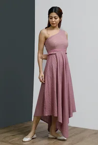 Onion Pink Hand-Block Printed One Shoulder Asymmetrical Dress image 3