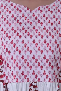 Set Of 3: White Cotton Block Printed With Red Motif Kurta, Pant & Dupatta image 6