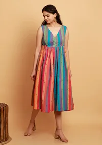Multicolor Stripe Sleeveless Flared Woven Dress image 3