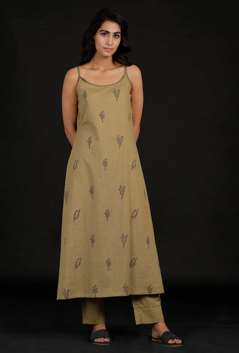 Okra Beige Handblock Slip Kurta