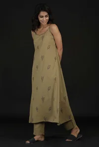 Okra Beige Handblock Slip Kurta image 4