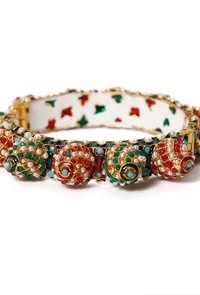 Red & Green Beads Kundan Enamel Gold Bangle image 5