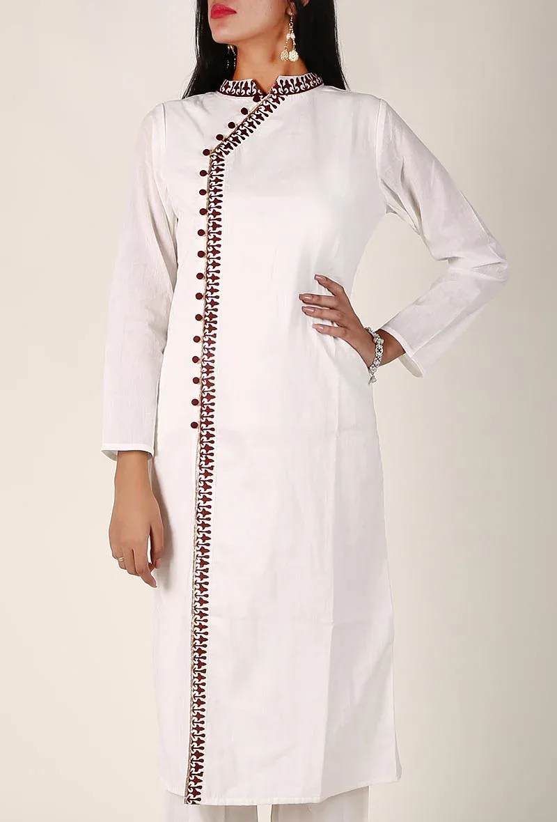 Maroon Handblocked Mandarin Collar Cotton Kurta