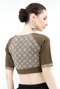 Olive Green Ajrakh Pure Cotton Blouse image 4