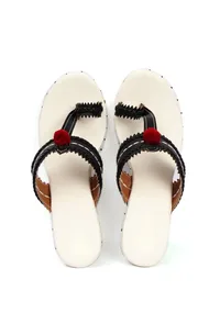 Lohini White & Black Fringed Kolhapuri One Toe Wedges image 2