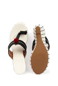 Lohini White & Black Fringed Kolhapuri One Toe Wedges image 3