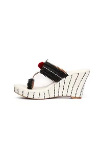 Lohini White & Black Fringed Kolhapuri One Toe Wedges image 4