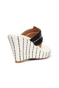 Lohini White & Black Fringed Kolhapuri One Toe Wedges image 6