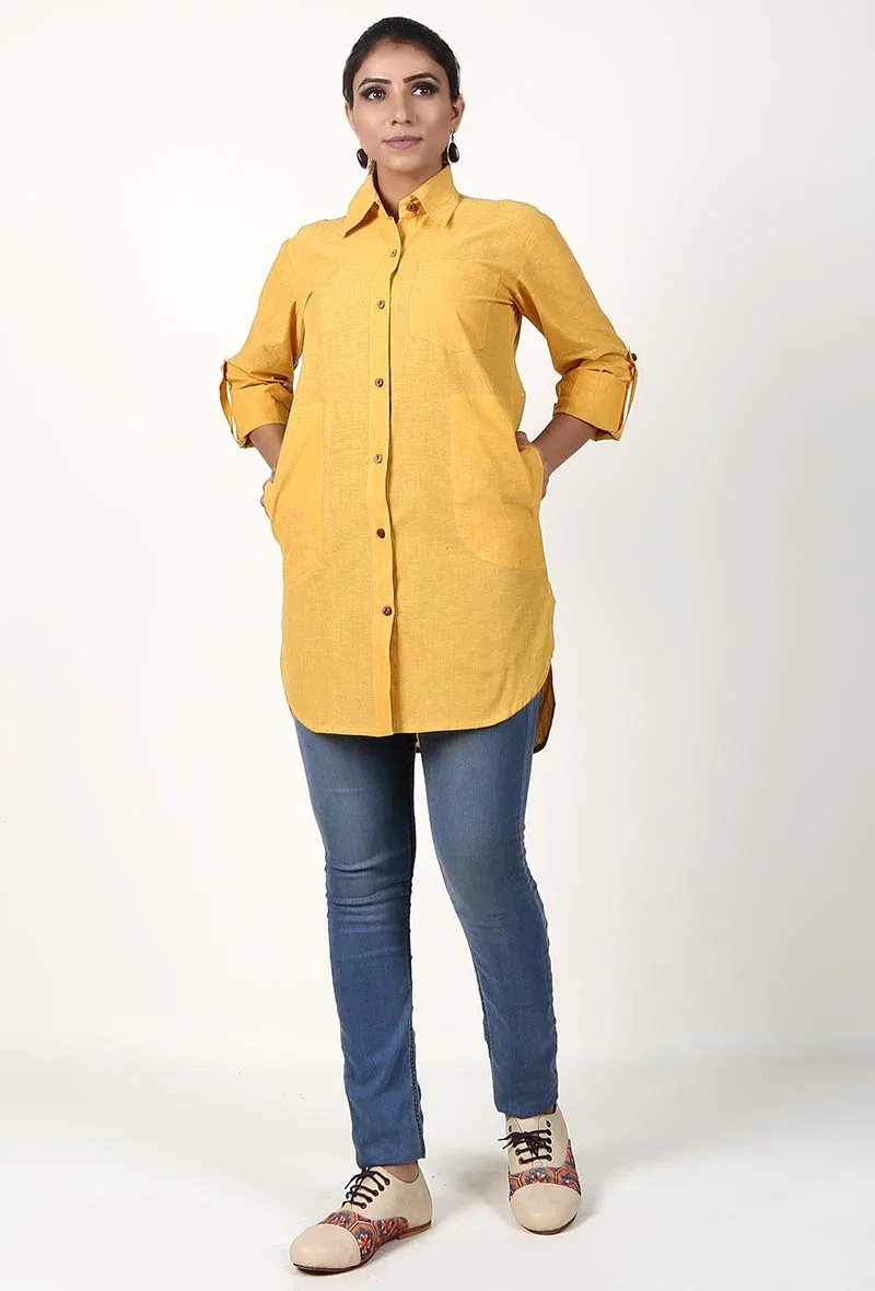 Bright Yellow Handloom Cotton Asymmetrical Shirt