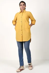Bright Yellow Handloom Cotton Asymmetrical Shirt image 1