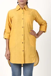 Bright Yellow Handloom Cotton Asymmetrical Shirt image 2