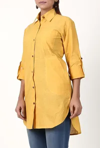 Bright Yellow Handloom Cotton Asymmetrical Shirt image 3