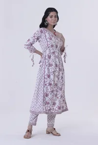 Dusty Lavender Motif White Cotton Kurta image 3