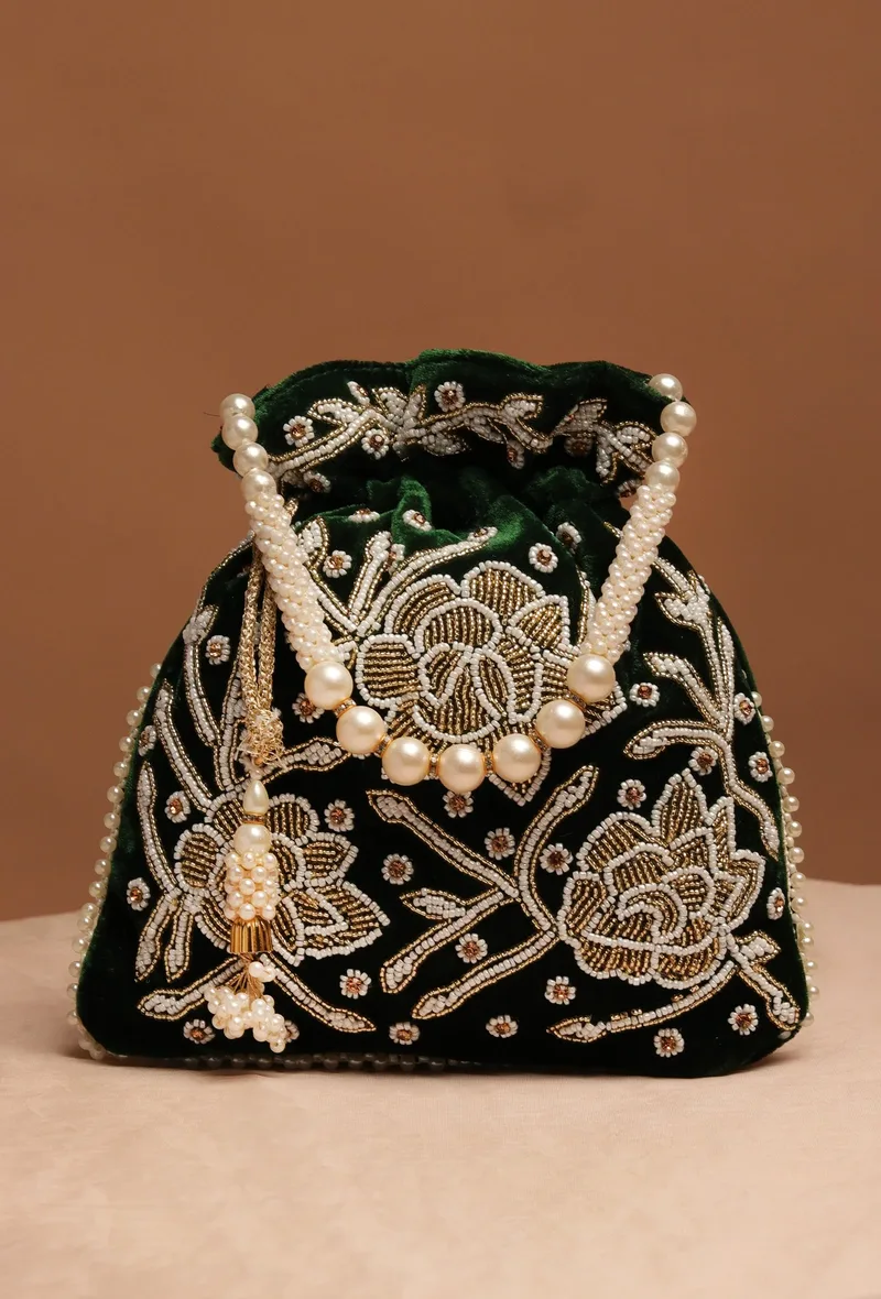 Elegant Emerald Bag With White Mogra Pearl