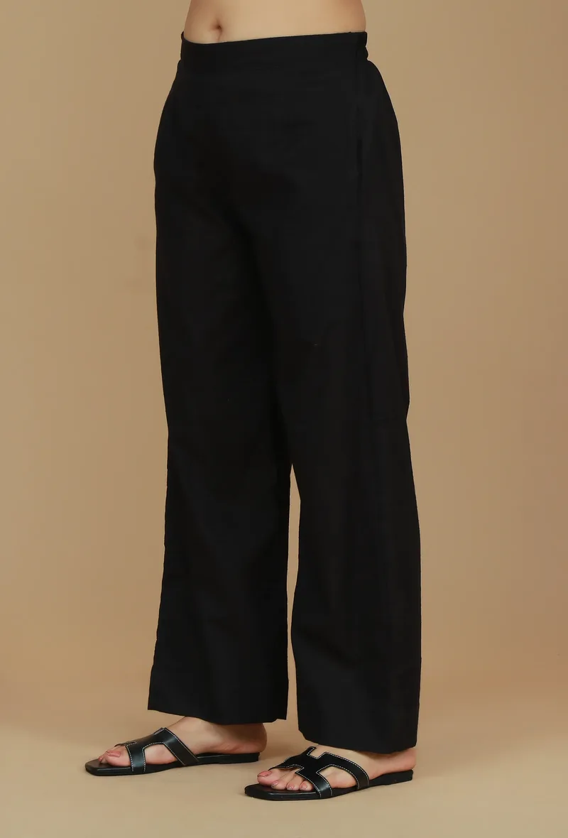 Solid Black Cotton Straight Pants