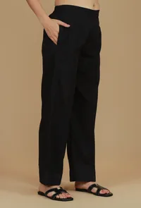 Solid Black Cotton Straight Pants image 2