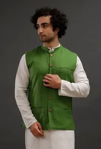 Parrot Green Woollen Blend Nehru Jacket image 1