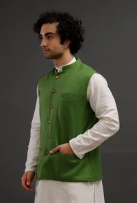 Parrot Green Woollen Blend Nehru Jacket image 2