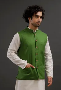 Parrot Green Woollen Blend Nehru Jacket image 3