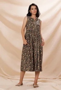 Black Kalamkari Gathered And Flared Cotton Dress image 1