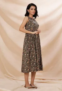 Black Kalamkari Gathered And Flared Cotton Dress image 2