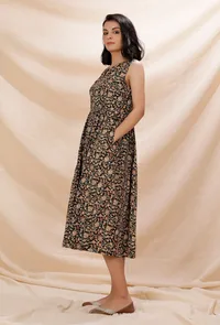 Black Kalamkari Gathered And Flared Cotton Dress image 3