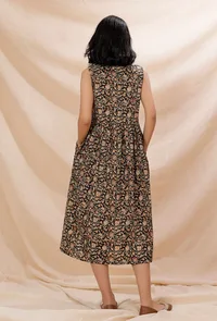 Black Kalamkari Gathered And Flared Cotton Dress image 4