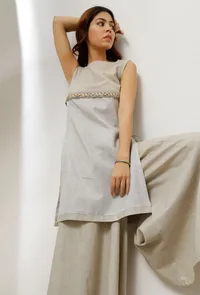 Set of 2: Beige Cotton Khaadi and Grey Straight Short Kurta with Khadi Cotton Flared Pants image 1