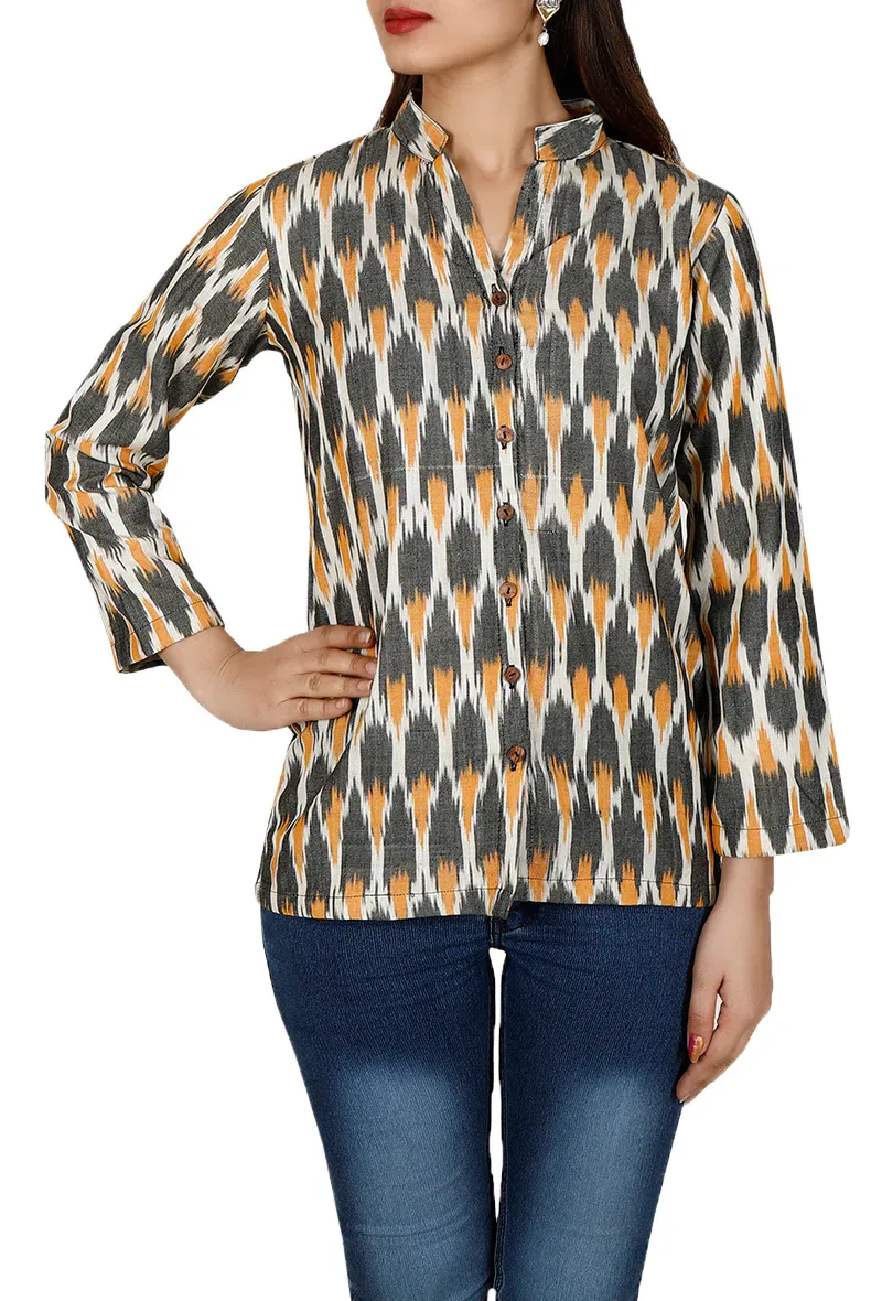 Charcoal Grey Single Ikat Pure Cotton Top