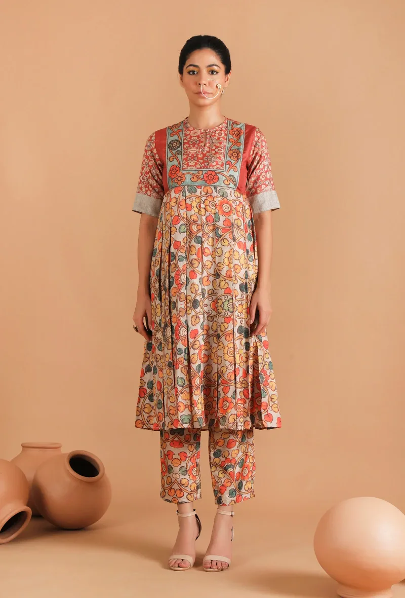 Set Of 2: Damini Box Pleated Kalamkari Kurta Set