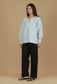 Black Striped Cotton Top with Notched Neck image 3