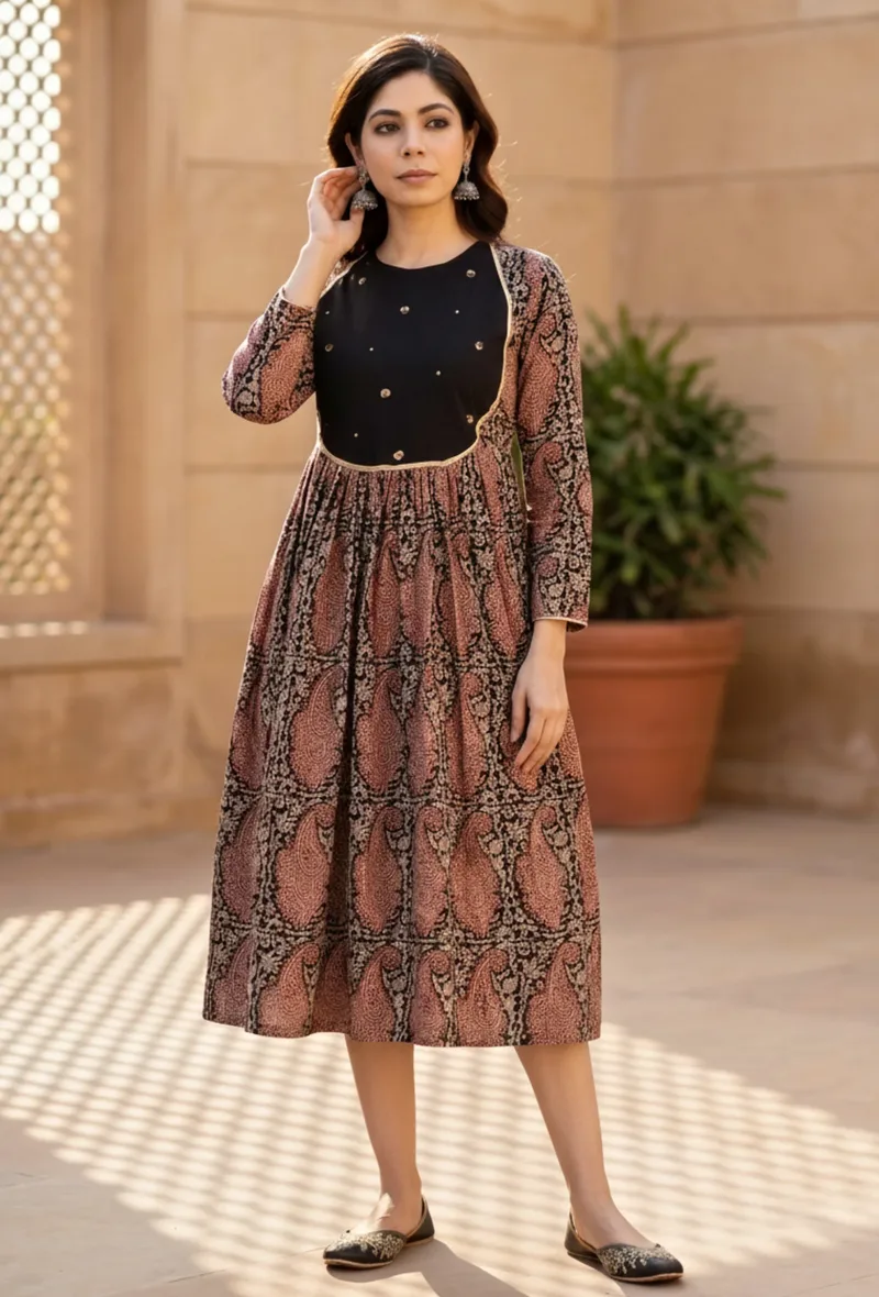 Baagh Print Gathered Dress with Lace & Handwork