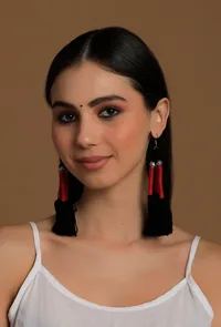 Red and Black Thread Tassels Earrings image 1