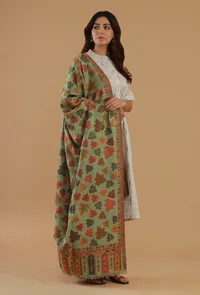 Green Kashmiri Chinar Kani Woollen Shawl image 2