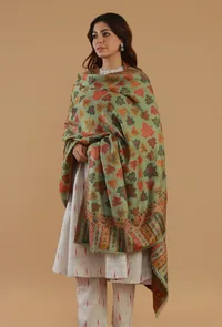 Green Kashmiri Chinar Kani Woollen Shawl image 3
