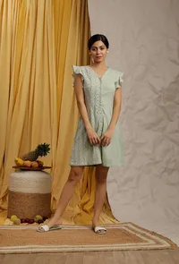 Pista Green Cotton Schiffli Front Buttoned Skater Dress image 2