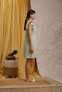 Pista Green Cotton Schiffli Front Buttoned Skater Dress image 3